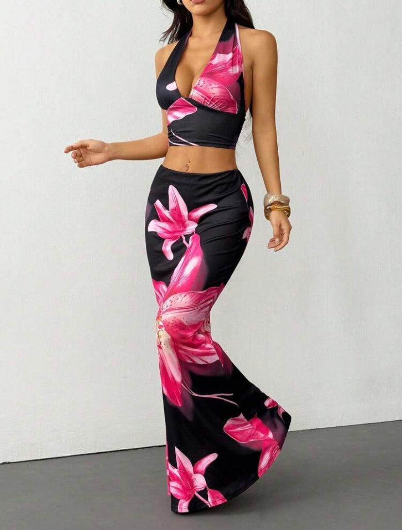 Women's Holiday Halter Top And Skirt Printed Two Pieces Set