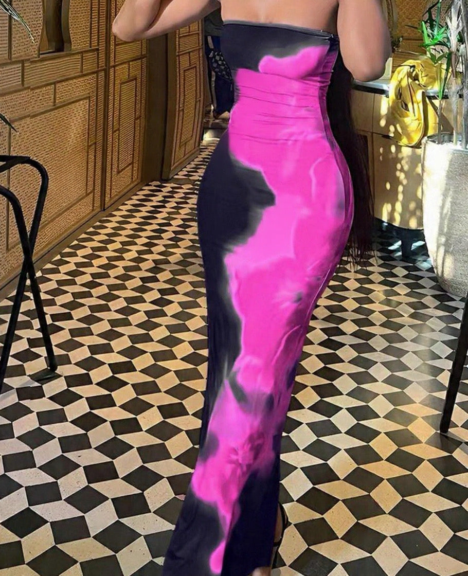 Women Floral Tie-Dye Print Fitted Elegant Midi Dress Fall Cloth For Women