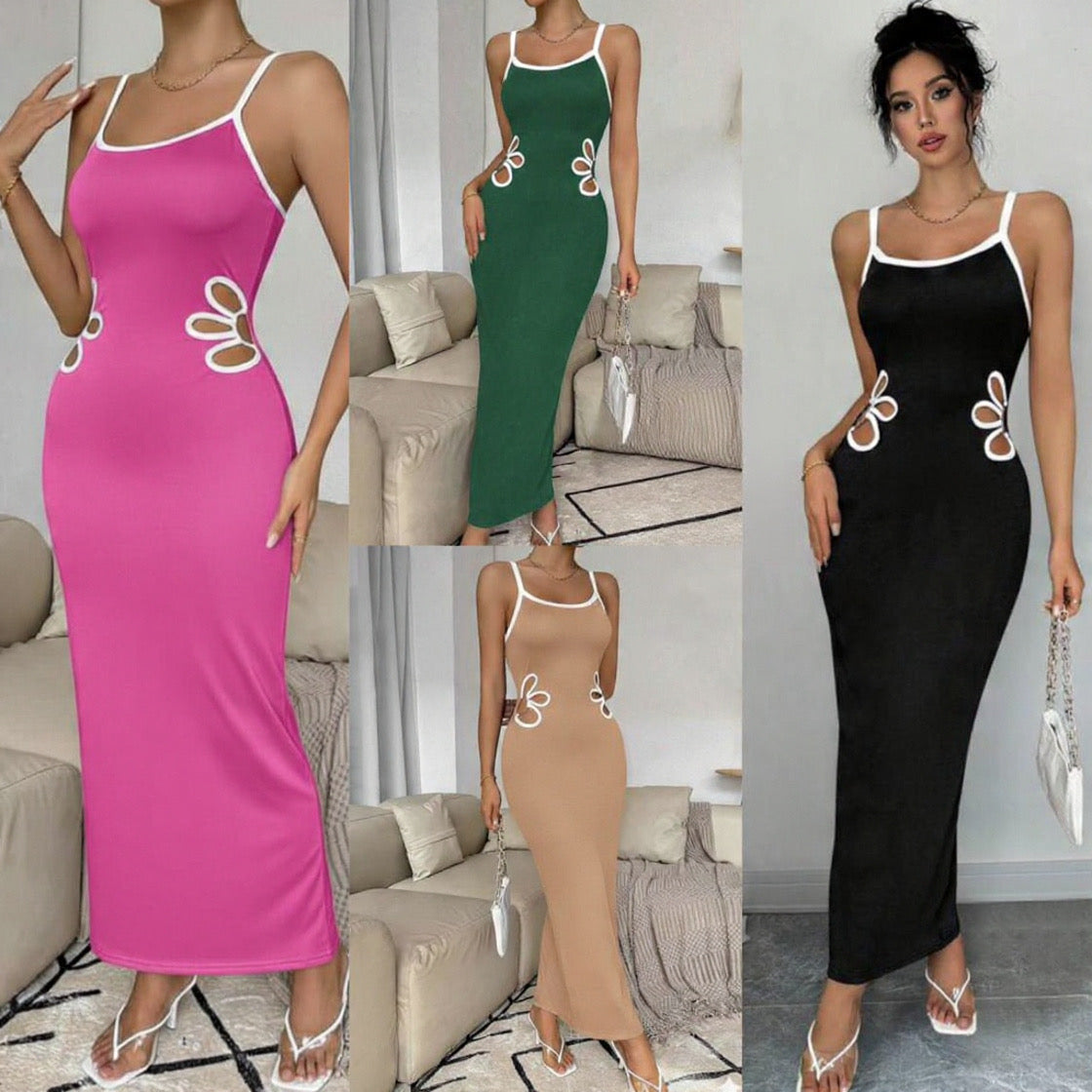 Breezaya Colorblocked Floral Hollow Out Sleeveless Long Bodycon Cami Dress With Edging, Random Pattern Maxi Women Outfit