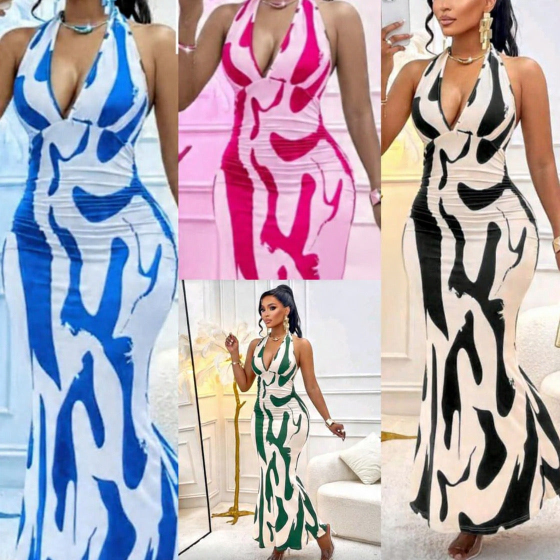 AIJ Amarilo Women's Summer Sexy Fashion Wavy Pattern Print Deep V Ruched Waist Dress ( x4)