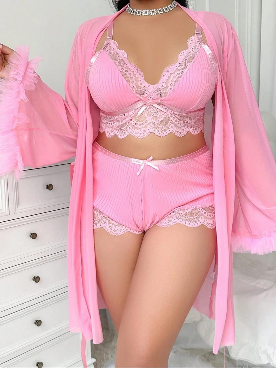 Slumberist 3pcs Set: Lace Patchwork Sexy Camisole Shorts + 3D Floral Trim Loose Sleeve  Mesh Robe