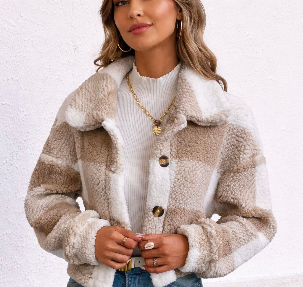 LUNE Buffalo Plaid Print Drop Shoulder Teddy Jacket In Fall/Winter