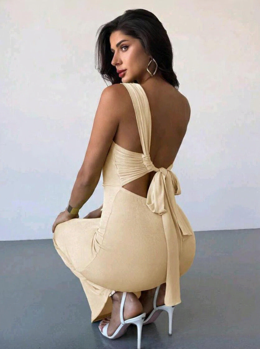 pleated one shoulder midi dress