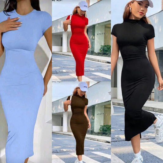 INAWLY Solva Solid Color Round Neck Bodycon Dress