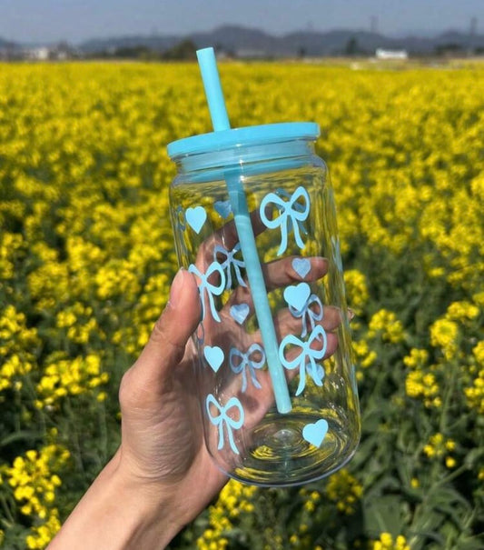 1pc Fashion 16oz Blue Bow Plastic Tumbler With Lid And Straw, Perfect For Iced Coffee, Smoothies_Ideal Gift For Women And Sisters_Suitable For Office_Home Office, Back To School Season, Student Water Cup