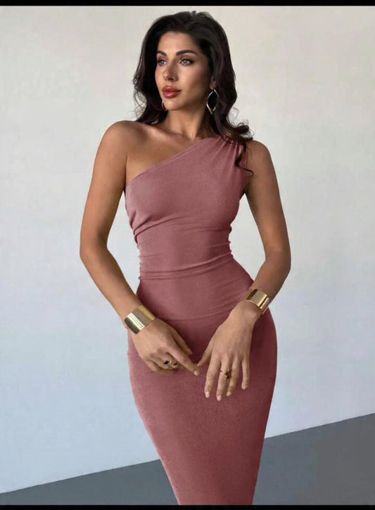 pleated one shoulder midi dress