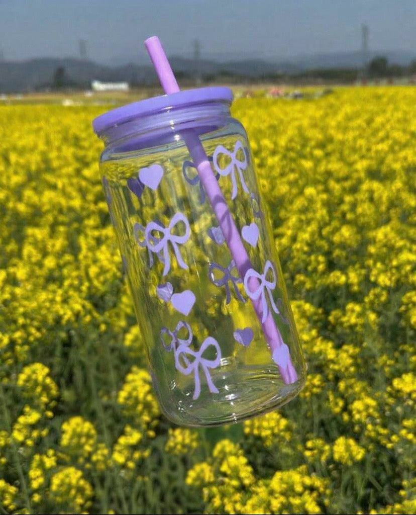 1pc Fashion 16oz Purple Bow Plastic Tumbler With Lid And Straw