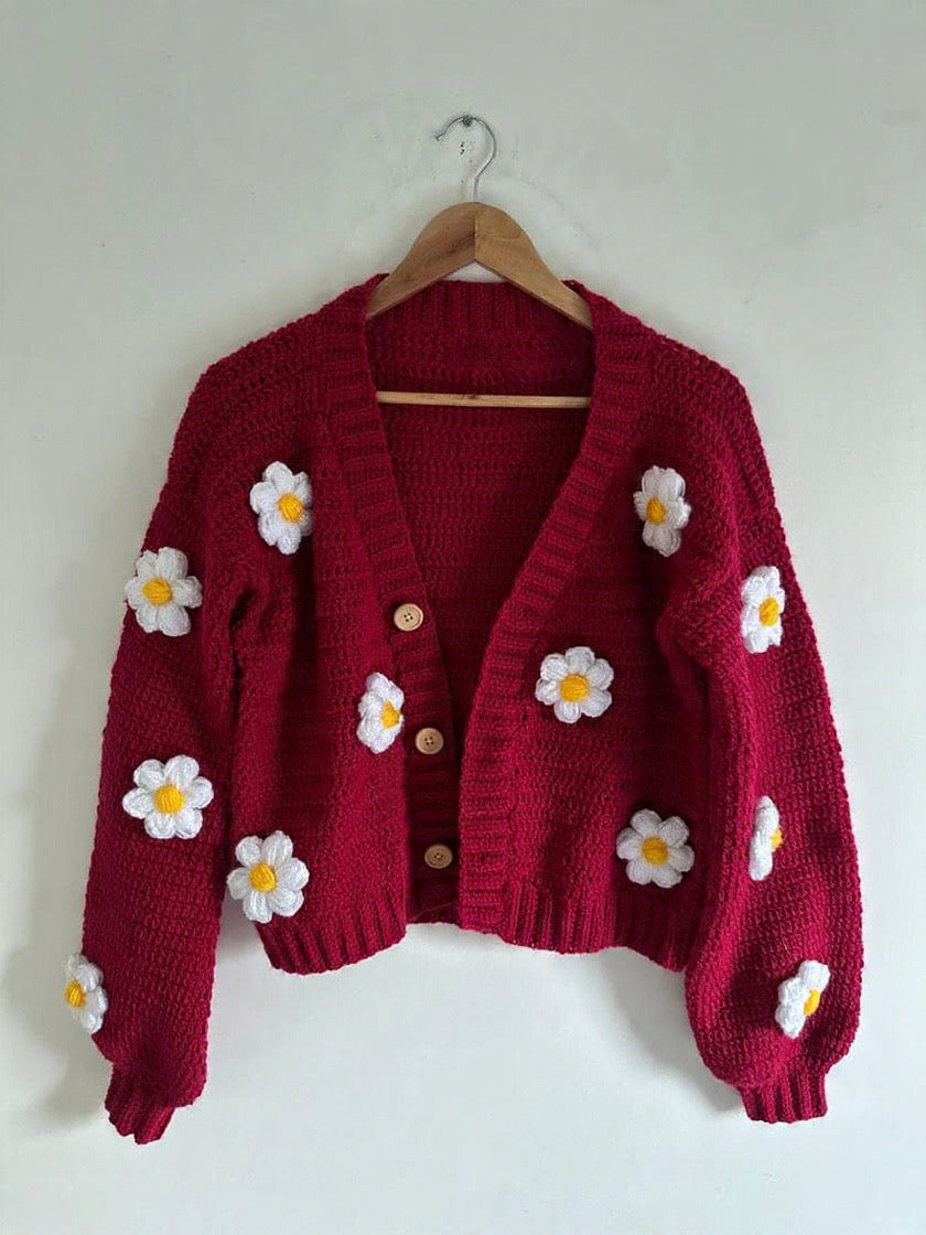 3D Floral V-Neck Knit Cardigan, Cute & Sweet  V-Neck Knit