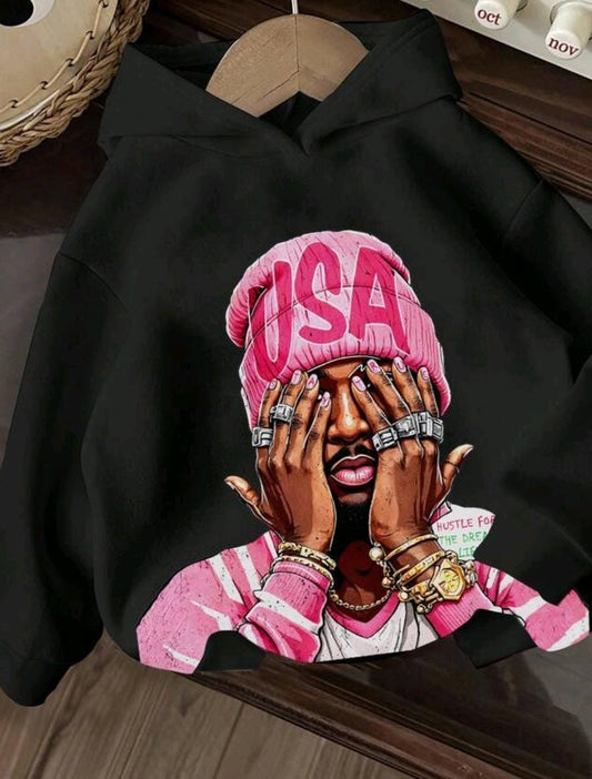 Slaydiva Women's Casual Street Portrait Print Hoodie Sweatshirt, Suitable For Autumn/Winter, Black Portrait Print,Fall