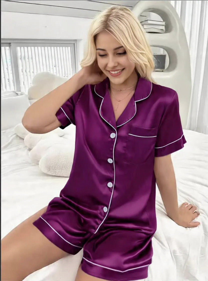 LuxeNights 2pcs/Set Imitation Silk Trimmed Lapel Pajamas Set With Matching Shorts White Set, Fall Winter Clothes Cozy And Elegant