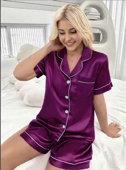 LuxeNights 2pcs/Set Imitation Silk Trimmed Lapel Pajamas Set With Matching Shorts White Set, Fall Winter Clothes Cozy And Elegant