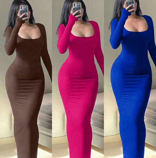 INAWLY Solva Solid Square Neck Bodycon Dress Fall Cloth For Women. 3-Piece (x3)