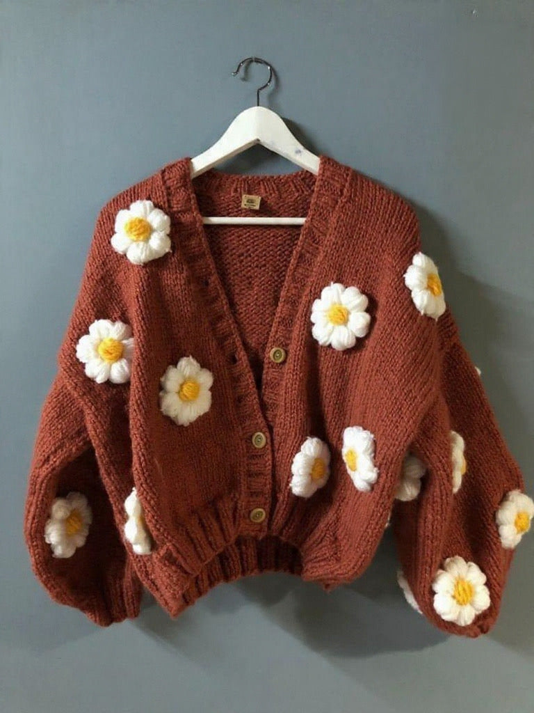3D Floral V-Neck Knit Cardigan, Cute & Sweet  V-Neck Knit