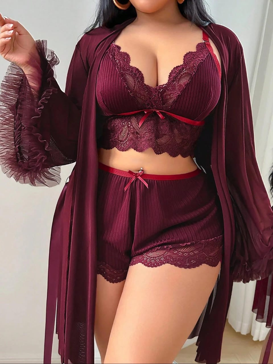 Slumberist 3pcs Set: Lace Patchwork Sexy Camisole Shorts + 3D Floral Trim Loose Sleeve  Mesh Robe