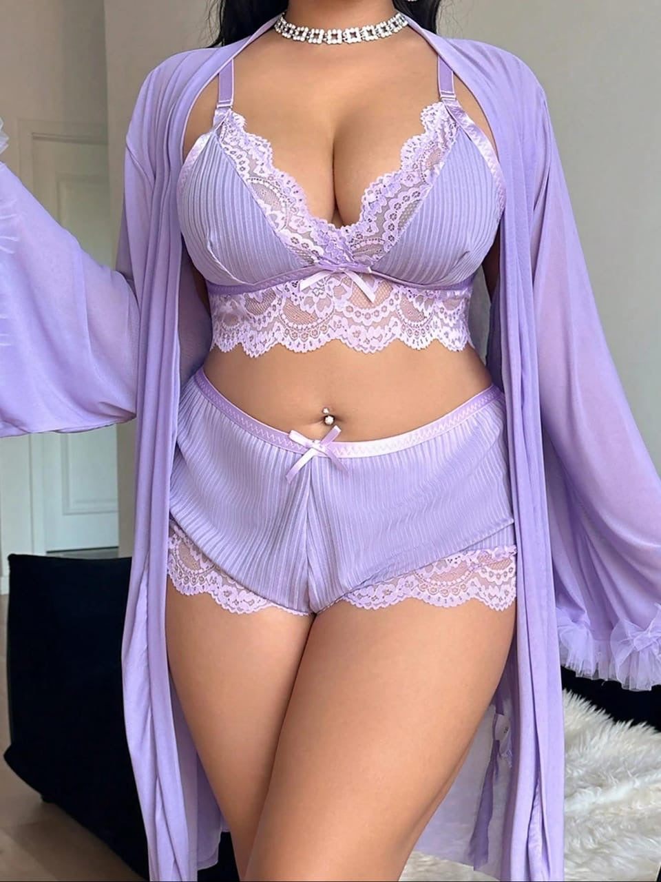 Slumberist 3pcs Set: Lace Patchwork Sexy Camisole Shorts + 3D Floral Trim Loose Sleeve  Mesh Robe
