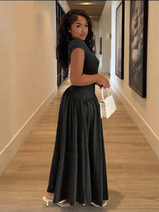 Alexandranx Minimalist Elegant Daily Wear Unique Solid Color Short Sleeve Fitted Stand Collar Asymmetrical A-Line Waist Dress,Summer Dresses For Women