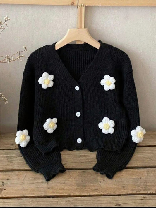 3D Floral V-Neck Knit Cardigan, Cute & Sweet  V-Neck Knit Cardigan, Women's Crochet Floral Long Sleeve Knit Cardigan, Autumn Fashion Button Front Outerwear, Women's Outerwear Top, Spring