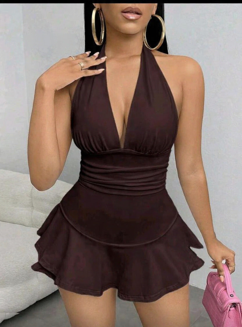SXY Solid Color Halter Neck Backless Romper