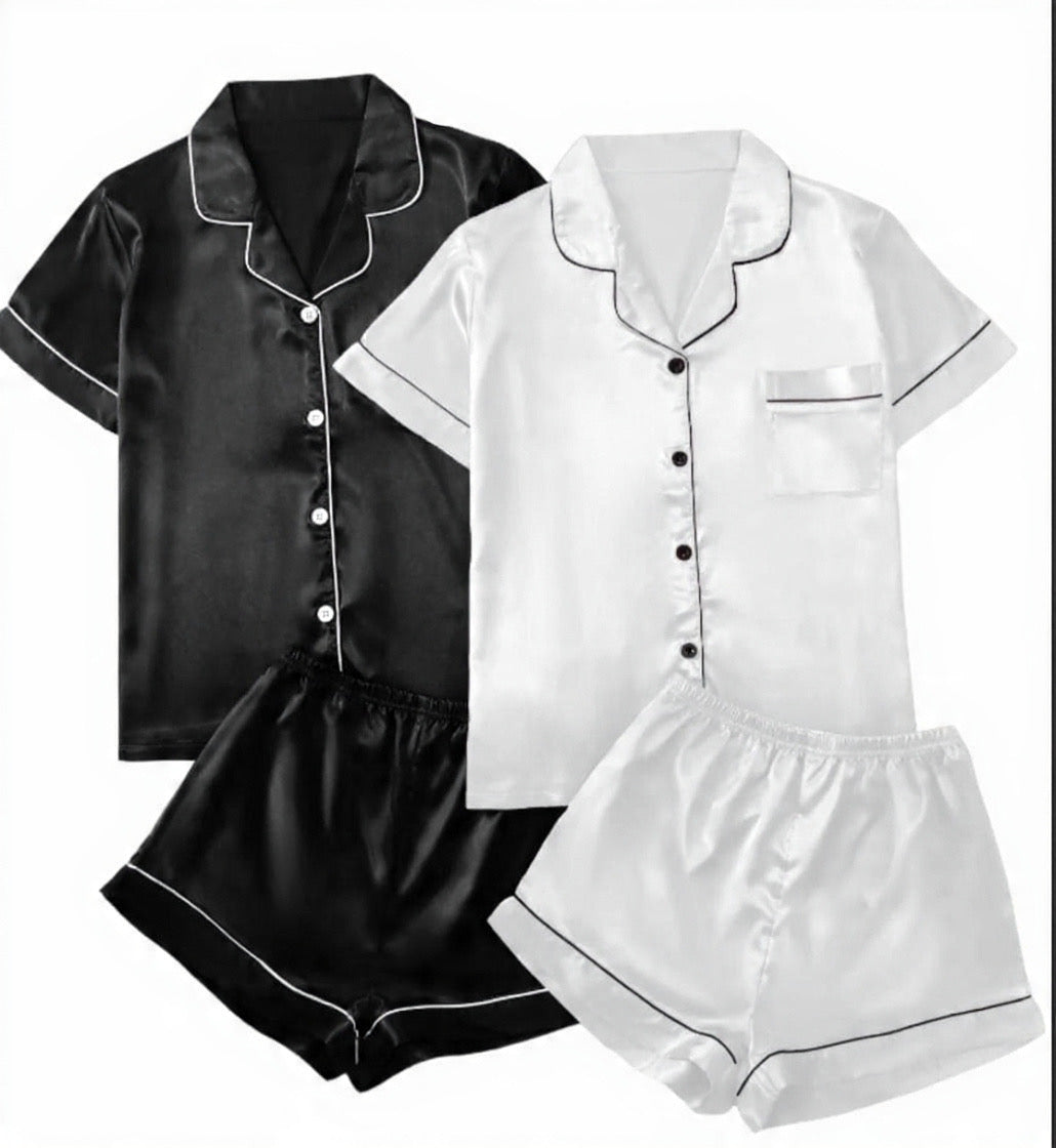 LuxeNights 2pcs/Set Imitation Silk Trimmed Lapel Pajamas Set With Matching Shorts White Set, Fall Winter Clothes Cozy And Elegant