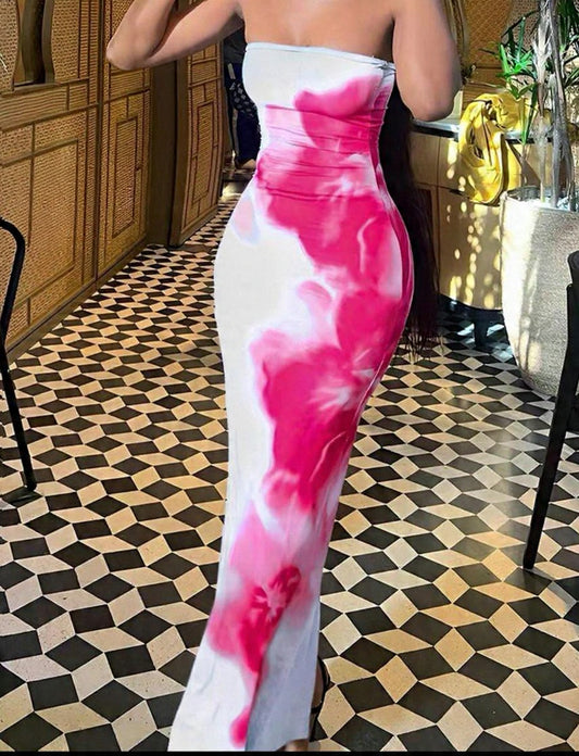 Women Floral Tie-Dye Print Fitted Elegant Midi Dress Fall Cloth For Women