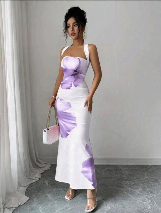 Elenzga Women's Summer Halter Tie Waist Slim Fit Printed Mid-Length Dress