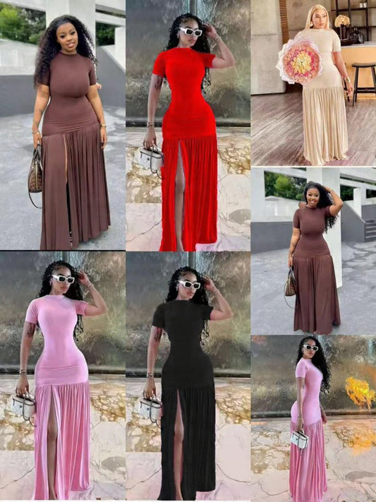 Elenzga Fashionable New Solid Color Glossy Fabric Strapless Long Flowy Ruched Waist Slit Hem