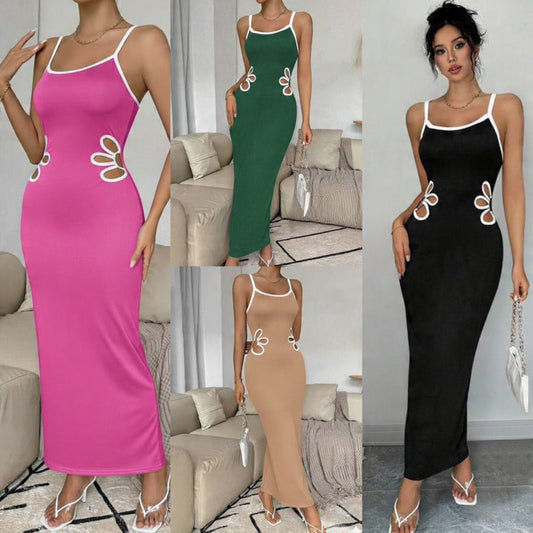 Breezaya Colorblocked Floral Hollow Out Sleeveless Long Bodycon Cami Dress With Edging, Random Pattern Maxi Women Outfit