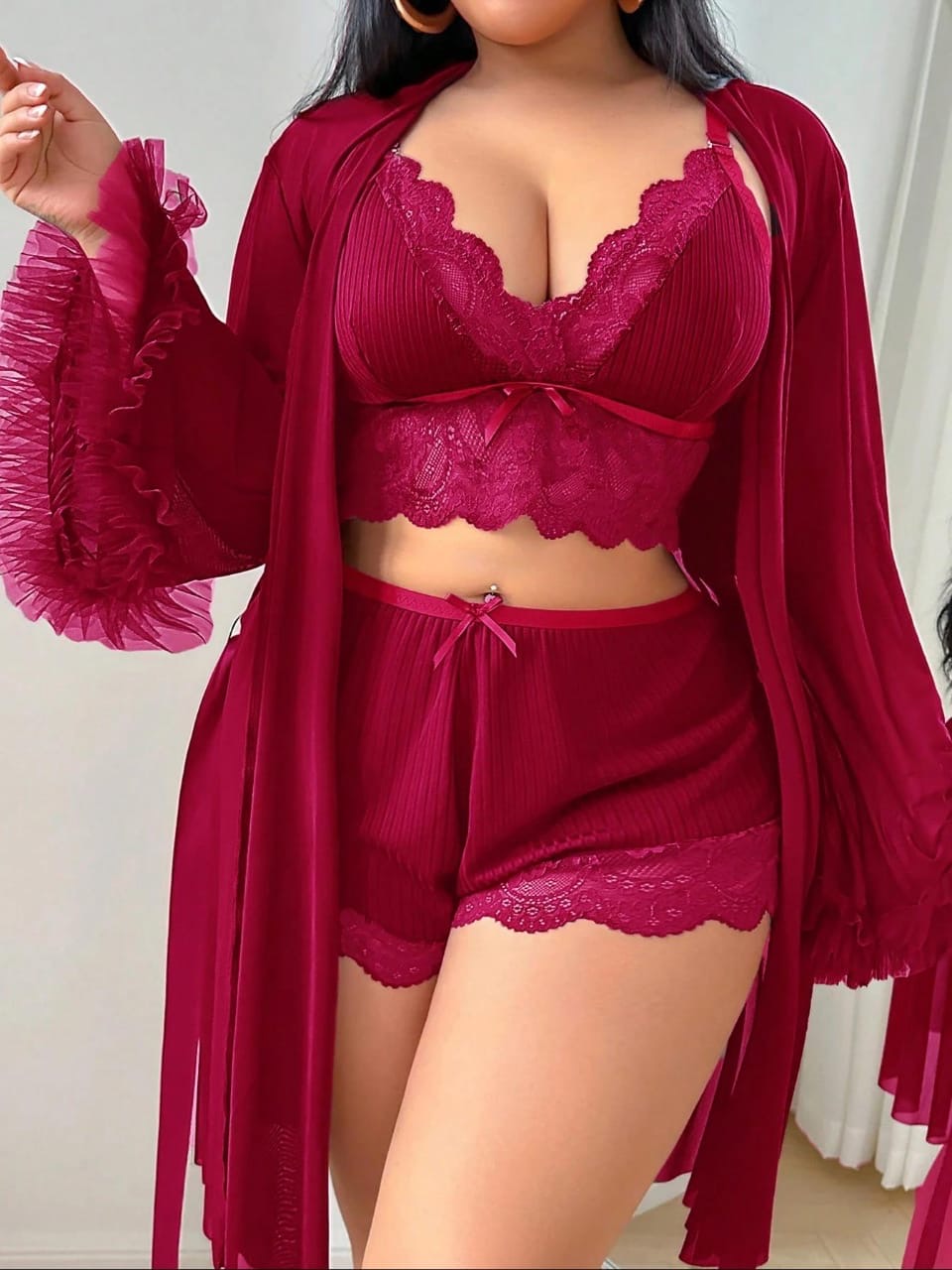 Slumberist 3pcs Set: Lace Patchwork Sexy Camisole Shorts + 3D Floral Trim Loose Sleeve  Mesh Robe